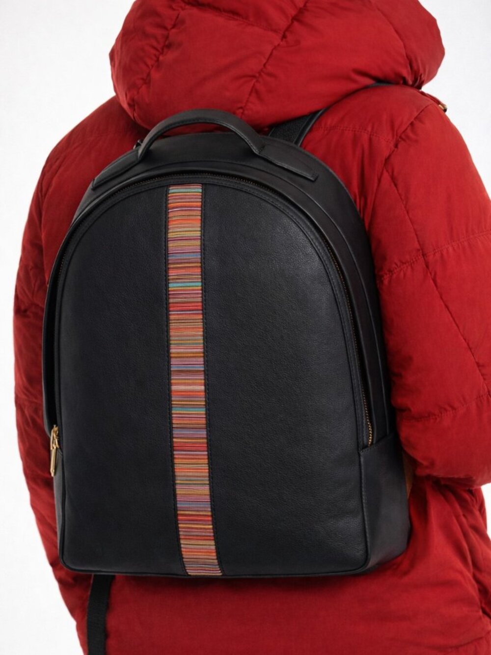Paul Smith Black Grain Leather Backpack Multicolor Stripe Trim Mens Luxury Bag